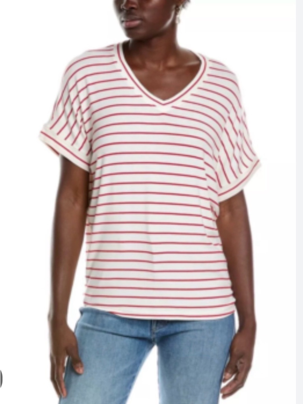 CAbi NWOT XL Cookout V neck Tee White Tee /Red Stripes - Short Sleeve style 6400